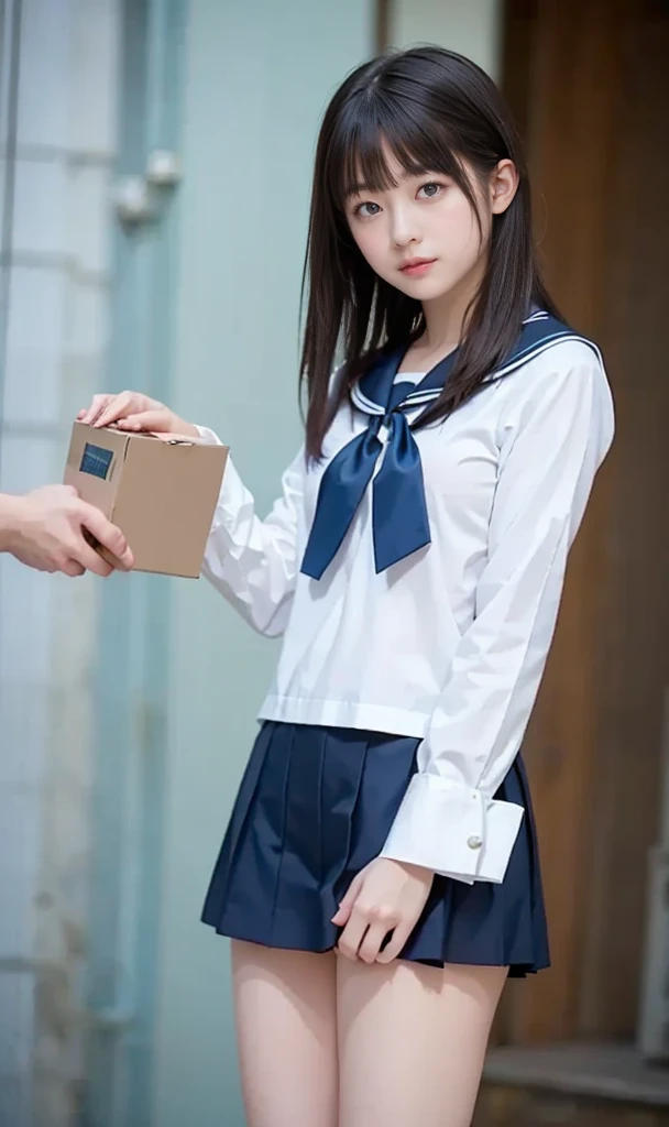 A woman in uniform holds a box and a box, a hyperrealistic schoolgirl, a hyperrealistic schoolgirl, wearing japanese school uniform, japanese girl school uniform, Korean Girl, Japan school uniform, Young Sensual Gravure Idol, Cute Schoolgirl, Japanese Models, Young Pretty Gravure Idol, sakimichan, Young Gravure Idol