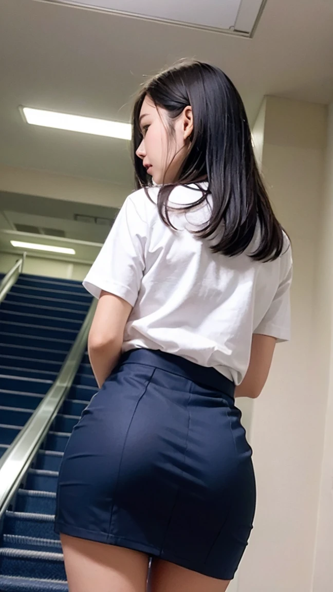 (Cute Japanese Girl), In the office, Sexy 18 year old girl, (whole body), (The cutest faces), Thin chest, Hair Bun, skirt, (((Thighs))), White blouse, Vivid depiction, I look down at her from behind, protruding butt coverd by skirt, She stands with her back to me, smile,