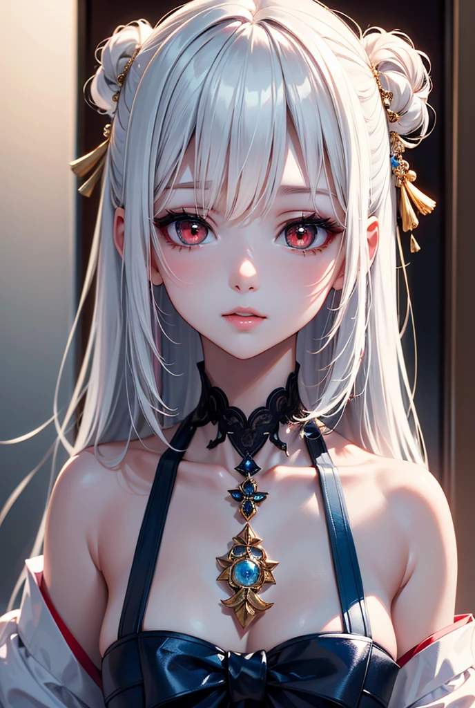 Incredibly detailed photograph of a beautiful vampire alien woman, Renacimiento, Pelo largo y blanco, intrincados ojos blancos, fantastical, Ombligo descubierto, Traje de lujo blanco