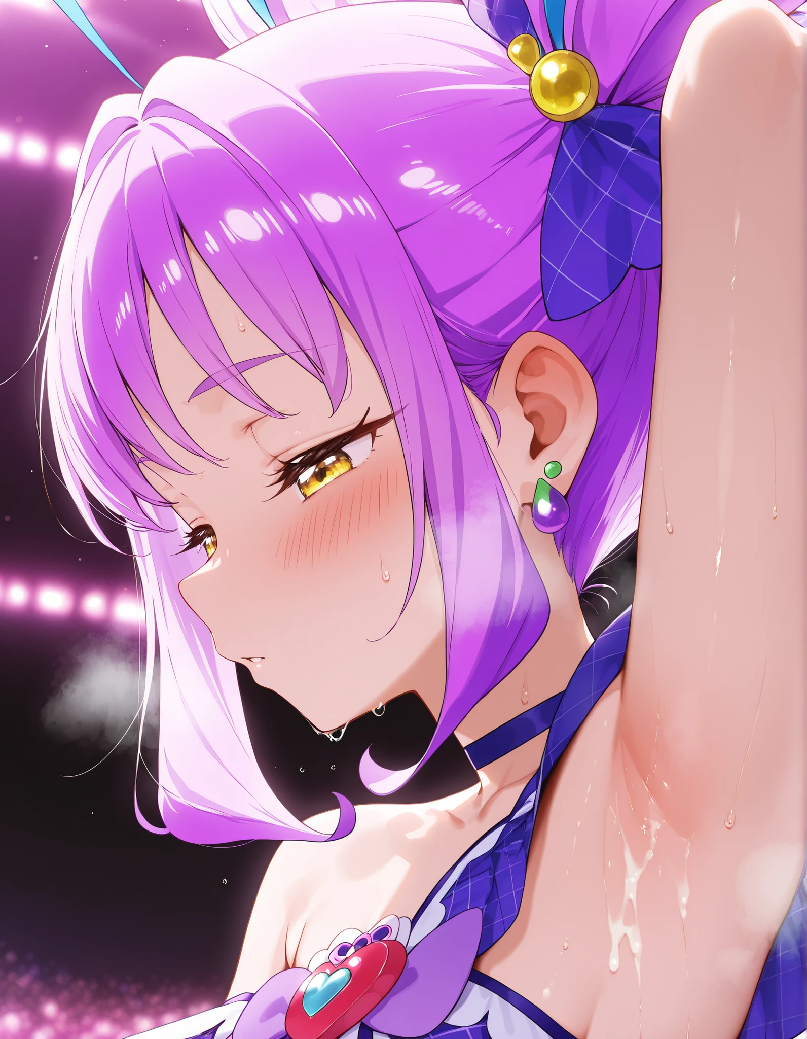 masterpiece,Highest Quality,newest,1 girl,solo、score_9, score_8_up, score_7_up、

cure kyunkyun, kimi to idol precure, purple hair, Magical Girl,  yellow eyes, purple dress, bare shoulder, idol clothes, idol,heart brooch, 

 live for D、stage、 Arena、purple penlight background、blurry background、

(sweat、blush、half-closed eyes、Focus on left armpit、steam、arm up、Exhale:1.2)、
(from the side、Horizontal milk、armpit、close:1.3)、