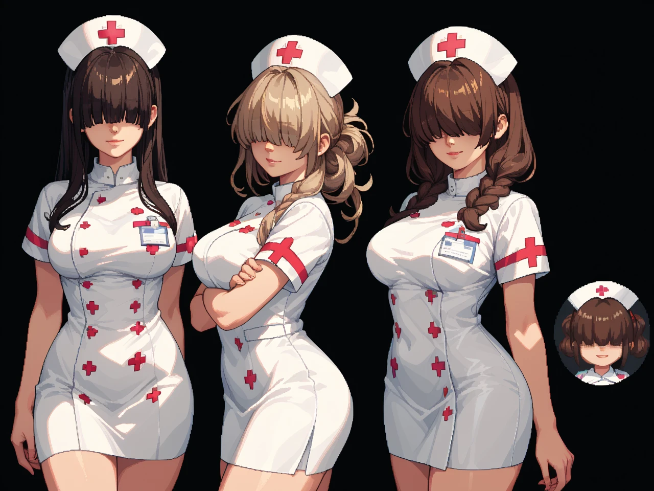 three sexy adult women in nurse outfits who are lovers of 4 years old boy, biting lips flirtatiously, faces close up