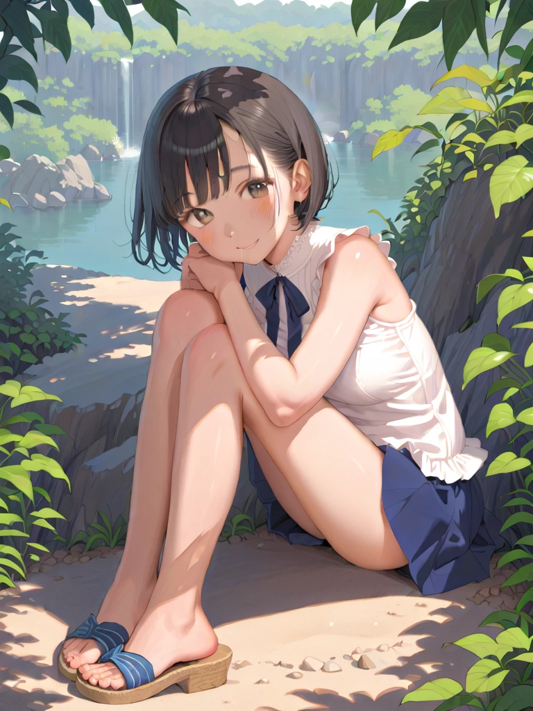 art by Cornflower, dreamy, (masterpiece, best quality, perfect anatomy, beautiful face, realistic, ultra detailed,1girl,18ears old,solo,depth of field,Canon 24mm Lens,f1.4,cute_girl,sailor_ collar, clear facial features, short sleeves, large breasts, thin stature, height 170, barefoot, double ponytail, bangs, gravure pose, outdoor, jungle, blurred background, (uwabaki: 1.1576))