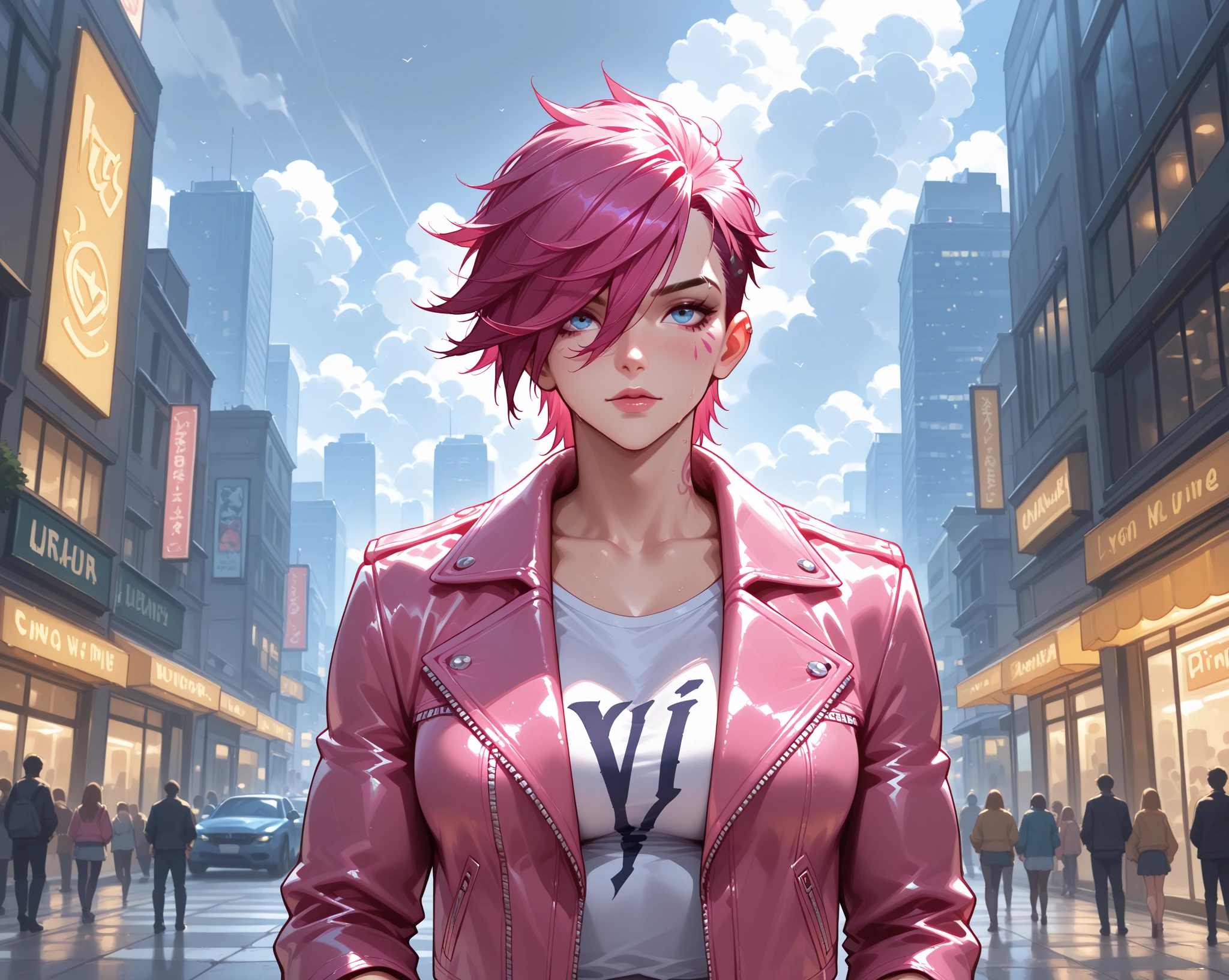 1girl,cowboy shot, beautiful nora_valkyrie, looking at viewer, smile, short hair, blue eyes,heart cutout, gloves, jacket, pink skirt, pink belt, short sleeves, puffy sleeves, single armband, fingerless gloves, orange hair, pink gloves, dynamic pose, night, outdoors, city, (volumetric lighting), best quality, masterpiece, intricate details, tonemapping, sharp focus, hyper detailed, trending on Artstation
