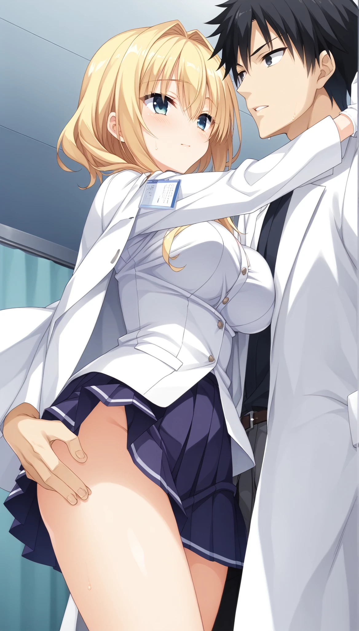 score_9, score_8_superior, score_7_superior, masterpiece, best quality, absurdres, high_fidelity, vibrant, sauce_anime, (rating_explicit:1.4), , ririsaamano, long hair, bangs, blue eyes, blonde hair, hair between eyes, two sides up, White and pink outfit, long sleeves, wings, jacket, crop top, abdomen skirt, belt, white jacket, necklace, bare shoulders, separate sleeves, white panties, nipples, underboob, creampie, ass, Viewer Perspective, Sex, Adorable, pretty embarrassing, Leaning forward, knees up, from below, from behind, cowboy shot, class room