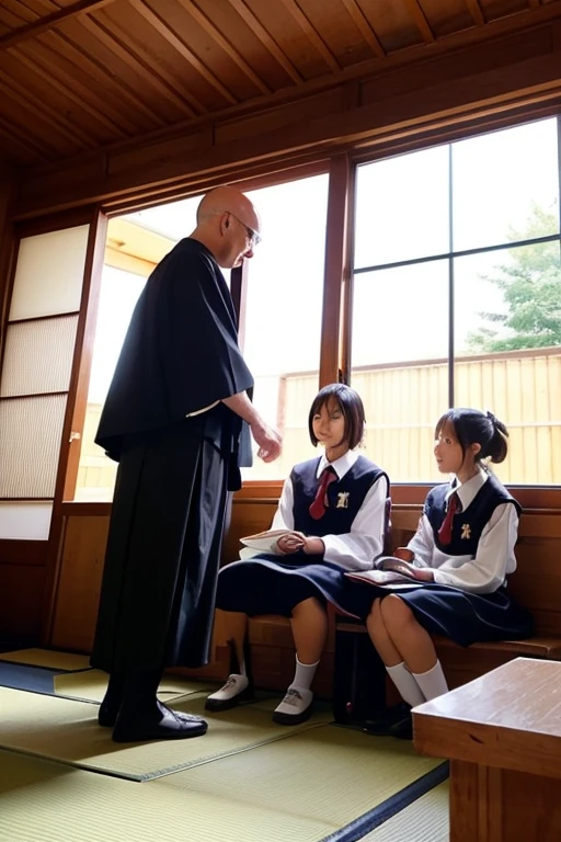 A monk surrounded by Japanese girls