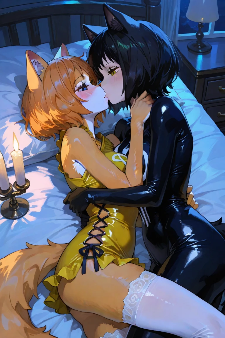 female, black shoulder length hair, metallic body, robotic body , android body , robotic arm, robotic legs, cat ears ,soft glowing eyes, no clothes, medium short length hair, small breasts, thin body, curved thighs, laying down beside pool, kissing, hugging, humping, french kissing girls, yuri, lesbian, two characters, girls only, outside, science fiction, stars, galaxy, star ships, at night, dim light, high quality, masterpiece,