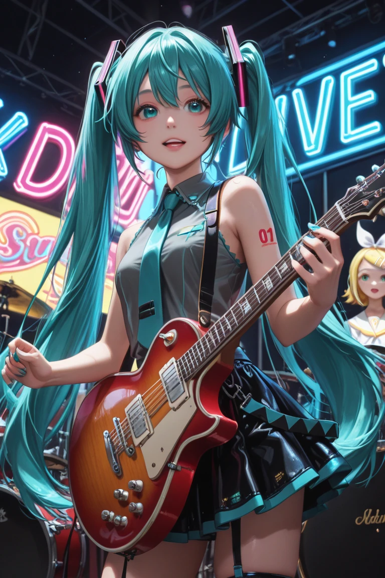 A masterpiece of a young woman, showcasing her unique style and musical talents. Outside on a beach stage, she stands confidently with one leg slightly raised, her electric guitar slung over her shoulder. Her striking features include piercing blue eyes, a twintail adorned with teal hair extensions, two piece black bikini that accentuates her toned physique, while headphones wrap around her neck, a symbol of her passion for music. As she plays the guitar, her long hair cascades down her back, a mesmerizing sight as she sings with conviction, smiling, upper body, 