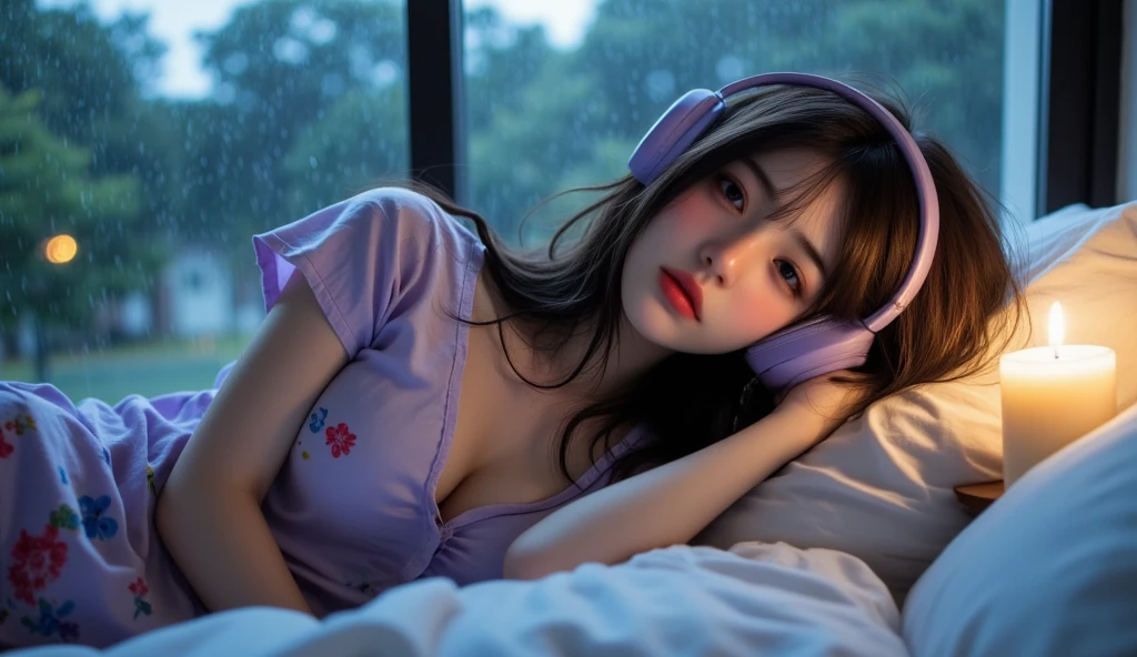 Lights out。Sleeping in bed。Sleeping with eyes closed。Beautiful young woman listening to music through headphones while lying down、Moonlight。Little Anime。pink。I can see the stars。Enchanting rooms。relax。Dark stylish room。Woman with fair skin。pajamas。
