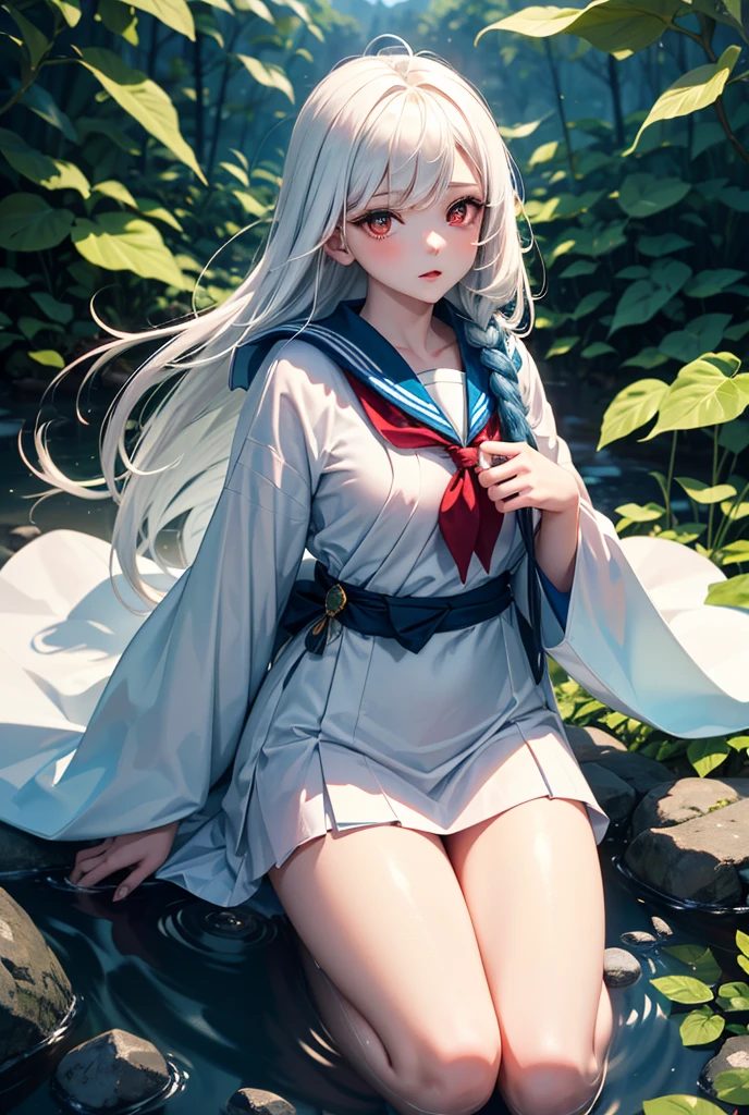 Anime girl. long golden silver hair. golden eyes. partial Nude, massive breasts, Unbuttoned shirt. open shirt. no panties. Legs spread, legs apart. undone hair. loose flowing hair. hair blown in the wind. visible nipples, vagina. sailor fuku uniform. 1girl. alone. outdoors. wet clothing. raining. wet skin. wet hair. laying down. laying on side. full body. stiletto heels