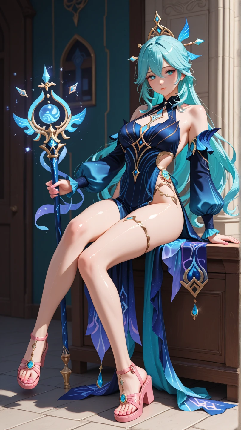Blue long hair,Scorpion-tailed braids,Put on the clothes of the little dance of Douluo Continent,Is a beautiful and sweet girl Koser,(whole body)