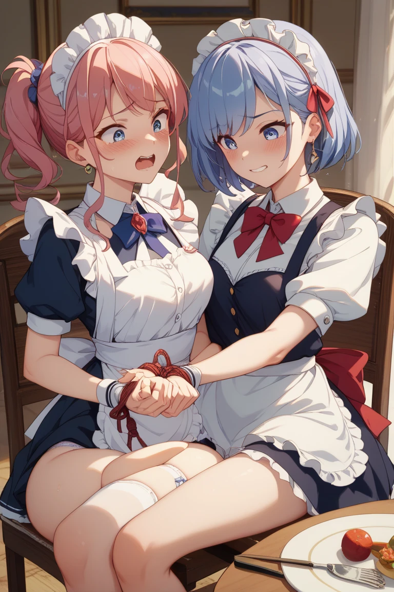 ((Sister and younger sister)),A woman with big ,Long hair,Sailor Suit,(shibari over clothes),BDSM,pink and light blue,Garter stockings,bedroom,(nsfw:0.8),