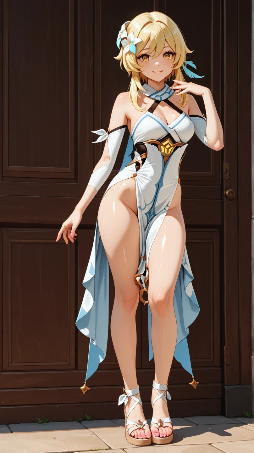 a mature woman,elder sister,Royal sister,Bare topless,white short hair,Breast patches,Extra-short skirt,huge breasts,E cup,model figure,slender waist,long legs,Show the chest,High heel,Standing posture,Look ahead,Full body image,White background