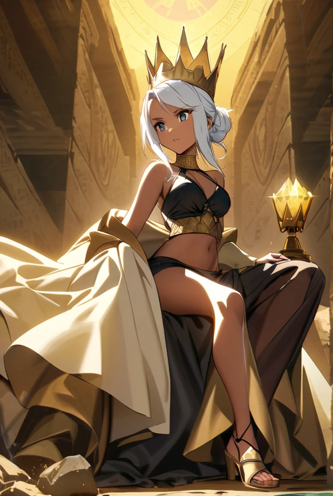masterpiece, highlydetailed, ultra-detailed, solo, (1girl), (dark skin), yellow red eyes, short hair, grey hair, white cat tail, black cat ears, Anubis girl, small boobs, (Arabian background), (desert), (Arabian clothes), (smile), (harem pants), (tube top), (shawl), (headpiece), (jewelry), (princess), naughty, teen