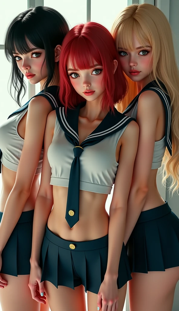 3 girls,  naked, topless, big breast, ginger, green eyes, Short skirt, mini skirt, tiny open croctop, string, horny, teasing, sexy,
