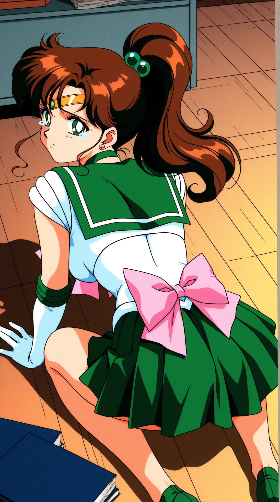 Highest quality, High resolution, 1990s \(style\), retro artstyle, 1990s anime cels style, Sailor Jupiter, Fighting, Sailor Warrior Uniform, Green sailor collar, White gloves, Green pleated skirt, Pink ribbon, ponytail, jewelry, Earrings、(Torn clothes、tits)、Dynamic、廃墟でFighting、Torture scene、Torture chamber、Tortured Woman、tears、blush、sad