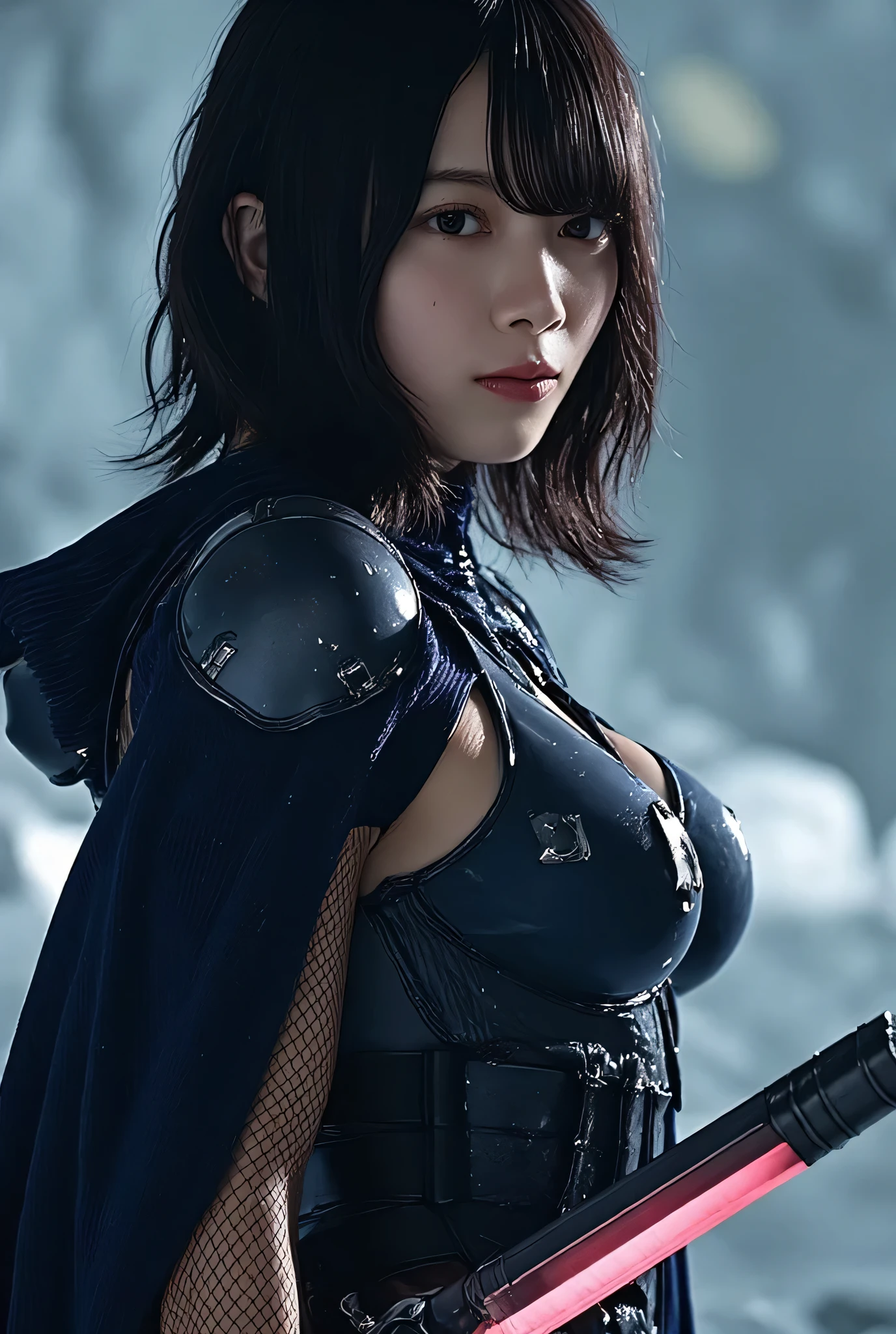 (((The dark surface of the moon with a starry sky shining:2.0))),(((HR Gigger-style cyberpunk atmosphere:2.0))),(((hold a cyberpunk-style saber:2.0))),standing,((full body:2.0)),One Woman,(cute face:1.7),(Beautiful well-balanced face :1.7),((long hair with bangs:2.0)),(wavy black hair:1.5),(beautiful eyes on my stomach:1.3),glamorous shot of a 20-year-old Japanese woman,Beautiful slender body,((model body type:2.0)),((slim body:1.7)),perfect body line,ideal proportions,((big breasts:2.0)),((スリーサイズ90-58-86:2.0)),((F cup breasts:1.5)),Big Breasts,((protruding nipples:2.0)),Bare thighs,Sensual Thighs,delicate body,(muscular:1.7),harmonious posture,((Realistic breast depiction :1.7)),carefully depicting limbs based on perfect anatomy,((Near-future、Navy blue super high-leg leotard:2.0)),(((super high-leg leotard made of corduroy that fits the body:2.0))),((dark blue cloak with military coat style armor on top of the leotard:2.0)),((Tactical Holster:1.5)),((((Coarse mesh fishnet stockings:2.0)))),Concept Art,(Highest Quality:1.7),(masterpiece:1.7),(超高resolution:2.0),resolution,UHD,(delicate depiction),carefully drawn,32k,((Realistic Skin Texture:1.5)),(((Ultra Realistic:1.5))),carefully draw eyelashes,very detailed face,Highly detailed female hand, Sexy appearance ,Extremely Sensual,(Blurry Dim Backgrounds :1.5),professional photography,(movie lights:2.0),((Blade Runner style lighting:2.0))
