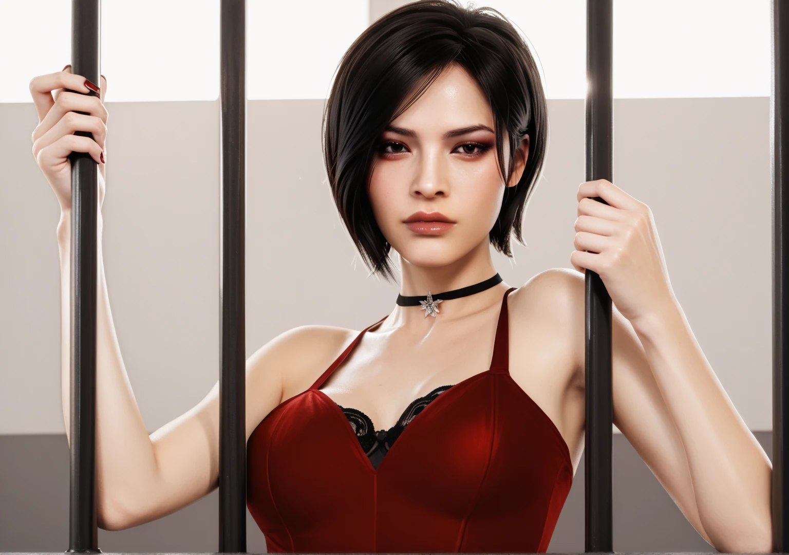 Lexa Doig, skintight dress, bobcut, black hair with red highlights, bondage, tied up with rope, kneeling, hands behind back, leather slave collar, chain leash, being arrested