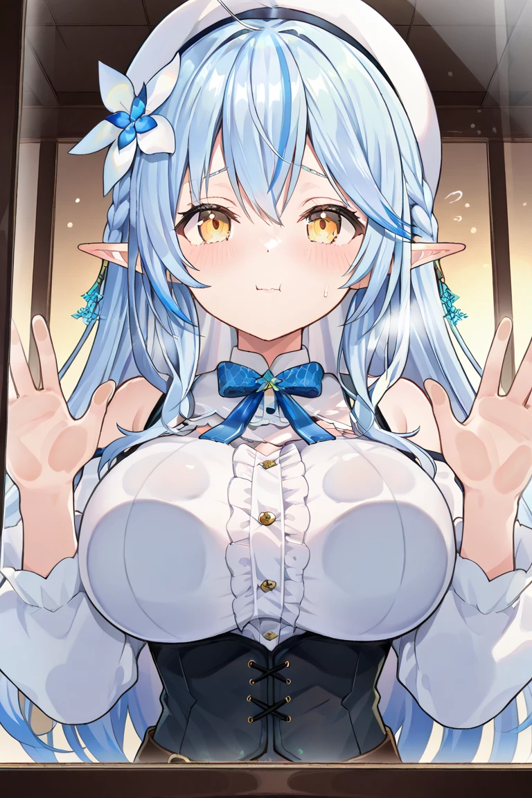 POV Fuselage Grab, ((SEX)), Lying, 1girl in, moaning, (is crying), (Spread legs), 双臂在头后,(((penis:into pussy:blood stained))), ((pov hand:Grabbing the waist)),Torn shirt,Metal collar, chain,(torso grab),(waist grab),(green color hair), (drill hair), (flipped hair), (bangs pinned back), (pointy ears, elves), (lavender eyes), (large full breasts:1.3),(thighs thighs thighs thighs:1.1), Large breasts, (round breast),