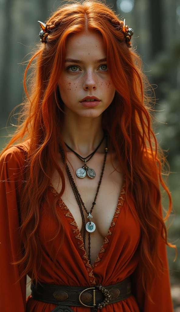 Beautiful girl with hippie style in a forest. Red, long red hair with dreads. Her breasts should be seen throu her clothes. Her stomach is bare. She has greens eyes.