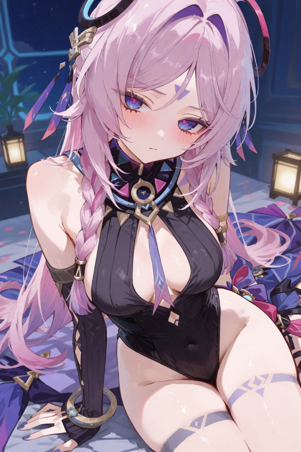 masterpiece, highest quality:1.2), One woman, alone, fu xuan , fu xuan\(honkai starrail\), ,Shiny skin,、Very thick legs、Long legs、Bare legs、Put your hands behind your head、マイクロbikini、Erotic squatting、 bikini、Very huge breasts、futanari
