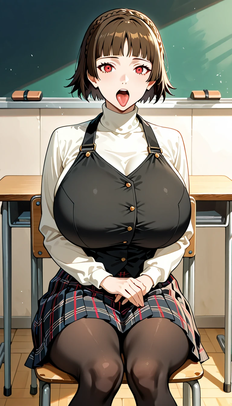 score_9, score_8_up, source_anime
1 girl, solo,
p5makoto, niijima makoto, brown hair, blunt bangs, crown braid, red eyes,
p5makoto-winuni, turtleneck, long sleeves, black vest, pleated skirt, plaid skirt, pantyhose,
classroom,gigantic breasts smile, looking at viewer,opens her mouth with both hands and extends her tongue outside while she is on her knees