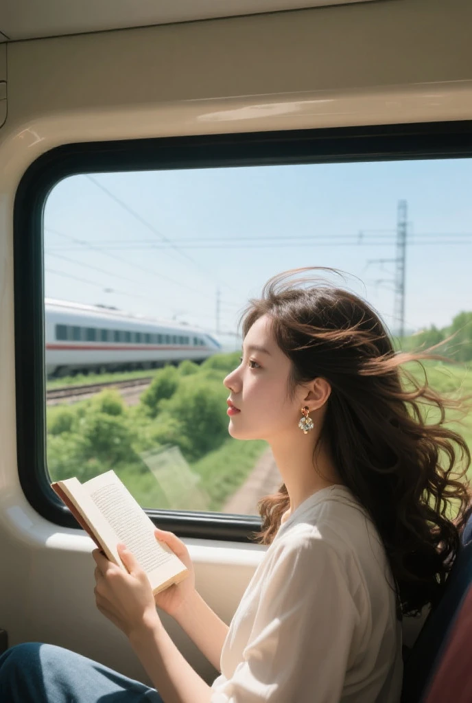 (masterpiece, best quality), outstanding details, ultra-high resolution,
anatomically correct, atmospheric perspective,
A lovely 30-year-old Japanese woman sits in a train seat reading a book, gentle smile.
The seat is the long seat type of Japanese local trains,
Outside the window behind the woman is the blue sky of the suburbs,
The morning light streaming in through the window backlights the woman, making her outline shine,
The sunlight reflects off the book, softly illuminating the woman's face,
wearing an elegant apple green Halter neck dress.
short brown hair, low ponytail, swept bangs,
depth of field, morning sunlight, backlighting, Reflected light from below, cinematic lighting, reflection light, soft lighting, dreamy atmosphere, animated expression,