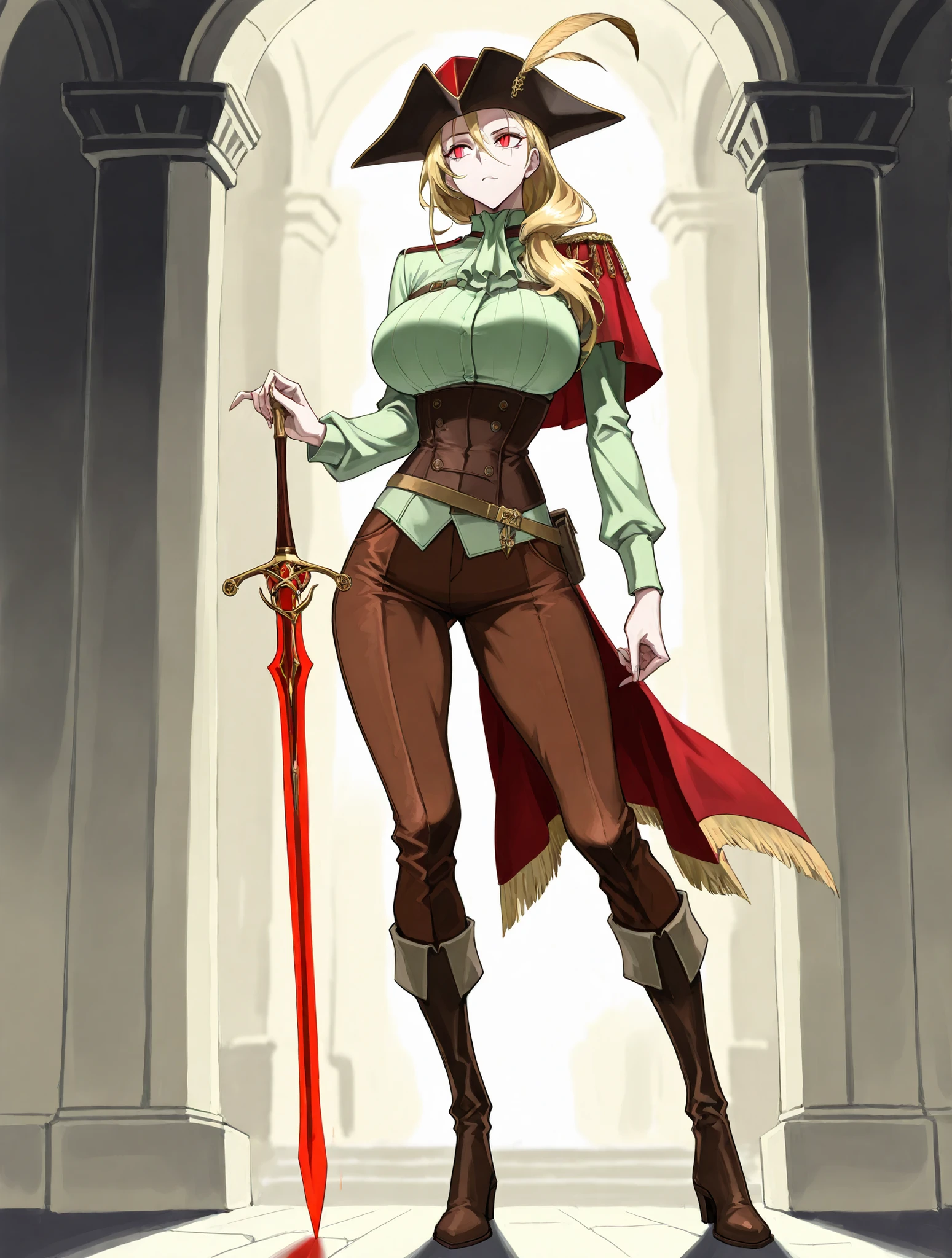masterpiece, best quality, good quality, 1girl, tall height, soft light skin, bright red eyes, slit pupils, blonde hair, hair swept to the side, large breasts, small black tricorn hat with a small golden feather, pale green shirt, brown leather pants and boots, thin longsword, estoc sword. Mature-looking.