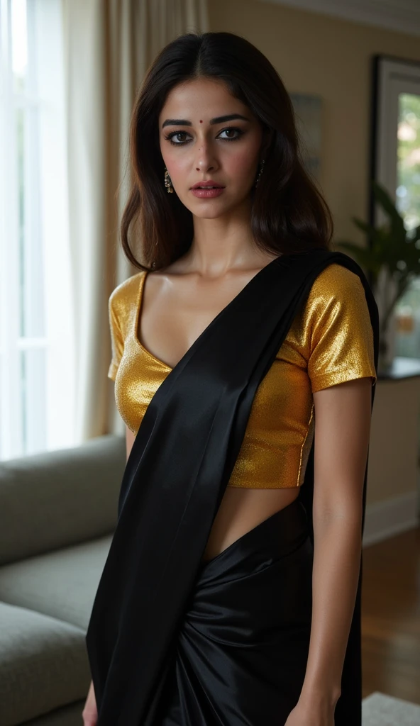anusha in a sari sari and a gold blouse, flowing shimmering fabrics, draped in silky gold, draped in flowing fabric, draped in gold, revealing stylish dress, draped in silk, draped in shiny gold and silver, metallic bronze skin, wearing a dress made of beads, with a thin waist, elegant gold body, indian super model