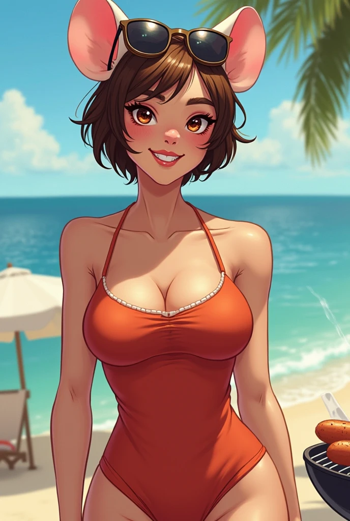 masterpiece, best quality, sadayo kawakami, looking at viewer, very large breasts, upper body, portrait, looking at viewer, seductive smile,put your hands behind your head, armpits, armpits visible, sweaty armpits, wearing bikini, backround on beach
