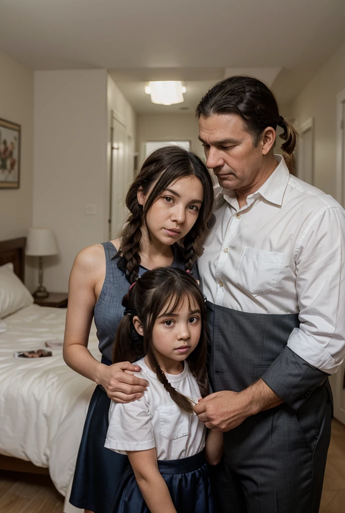 A 43 year old man, 10 years old children, girl, sitting on a sofa, 90's clothes, backgound inside an old house