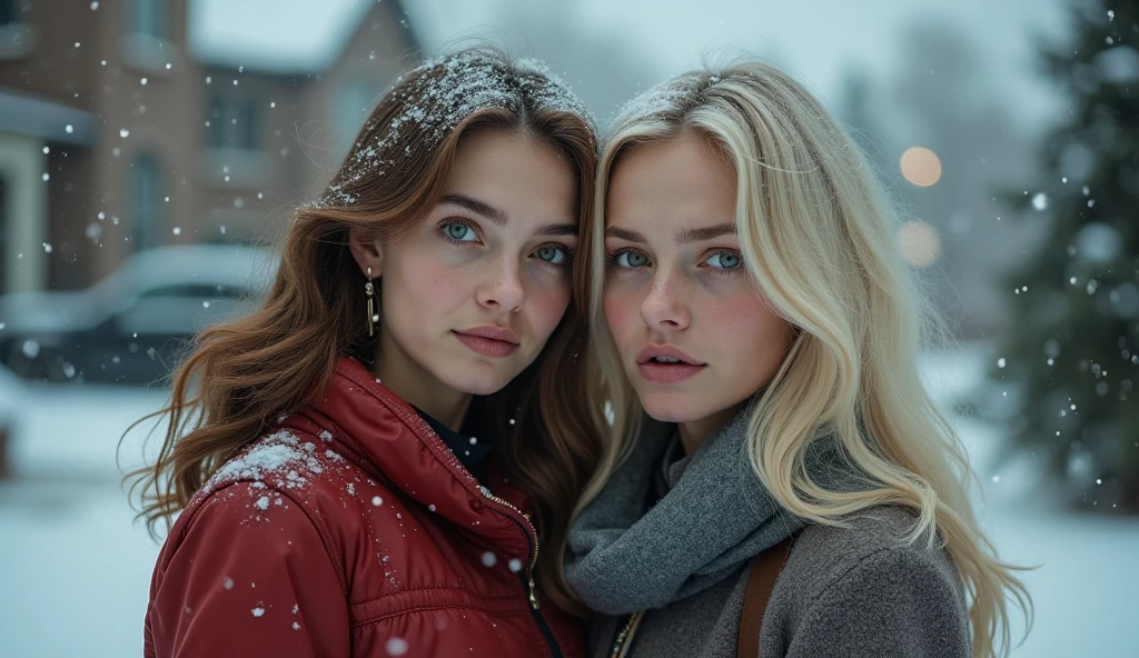 Create a digital masterpiece of the highest quality and detail. Depict an Argentine woman, 35 years old, with blonde hair and one blue eye and one green eye. She wears a red hat on her head. She has signs of malnutrition, visible in her appearance. The scene is set in a snowy forest at night, with the naked, voluptuous woman standing facing forward. Her face shows a red hue from the cold atmosphere. Her natural beauty, including her blonde hair and distinct eye colors, is emphasized. She has a gentle smile on her face, with one arm covering her breasts. The background features a serene and tranquil ambiance, illuminated by the soft glow of the moonlight reflecting off the snowy landscape.
