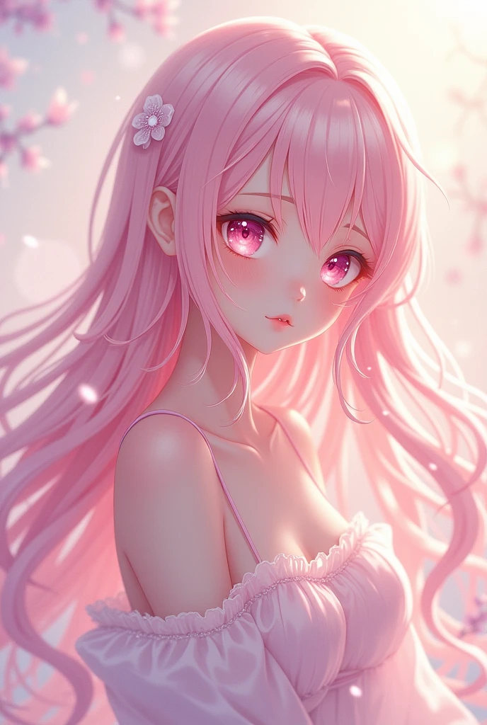 Cute anime girl, very long twintales, flower eyes pupil looking at viewer with desire