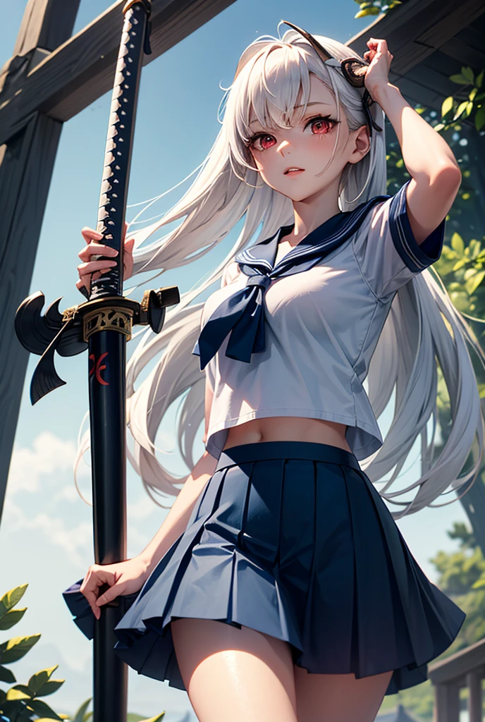 Anime poster of a woman holding a dagger，（（Panties）），schoolgirl，White，tears mark，water，Lovely，（young），Seductive expression