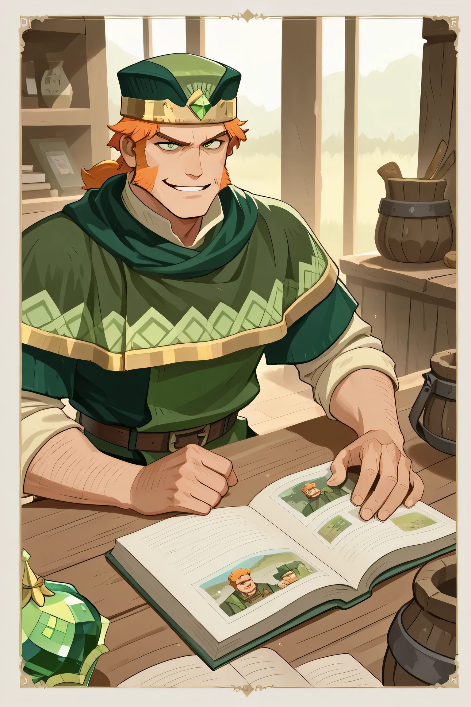 line-art, art book, best quality, 1 man, short man, short ginger hair, green eyes, wide sideburns, green hat, tourmaline, leprechaun clothes, evil leprechaun