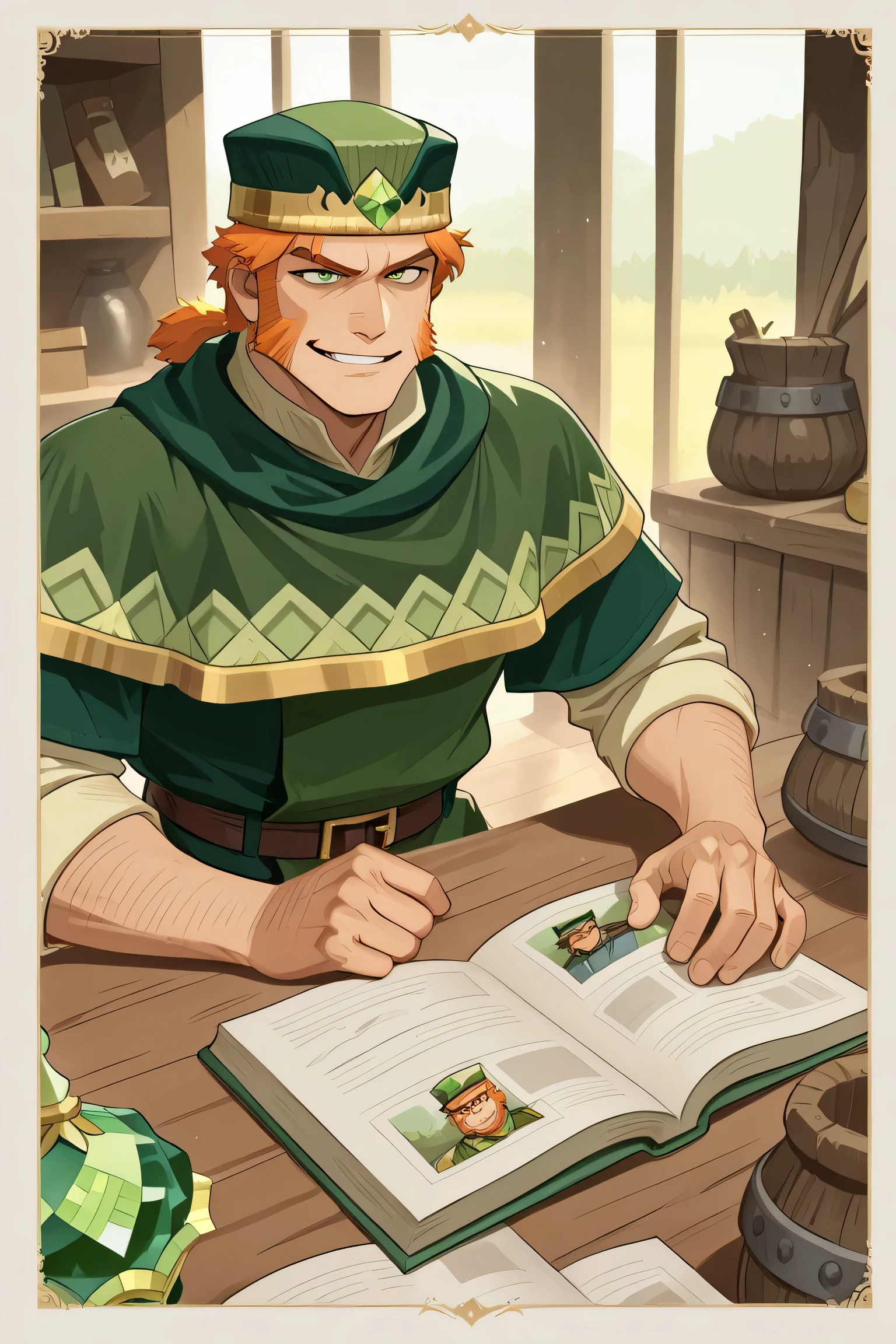 line-art, art book, best quality, 1 man, short man, short ginger hair, green eyes, wide sideburns, green hat, tourmaline, leprechaun clothes, evil leprechaun