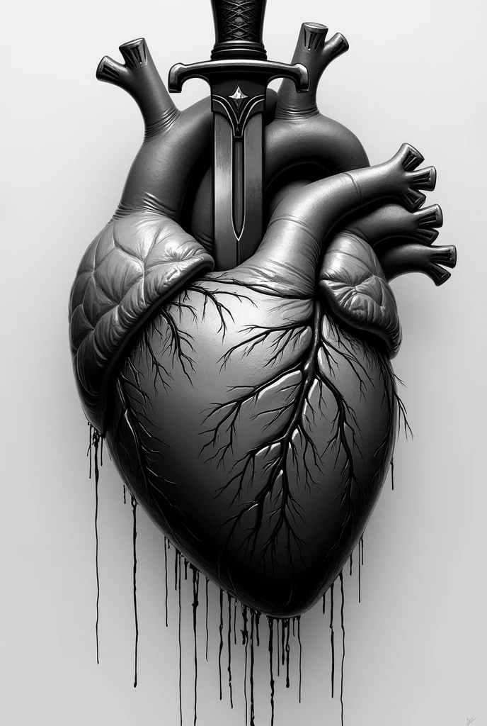Un tatouage ???? et blanc d'une main serrant un coeur qui saigne