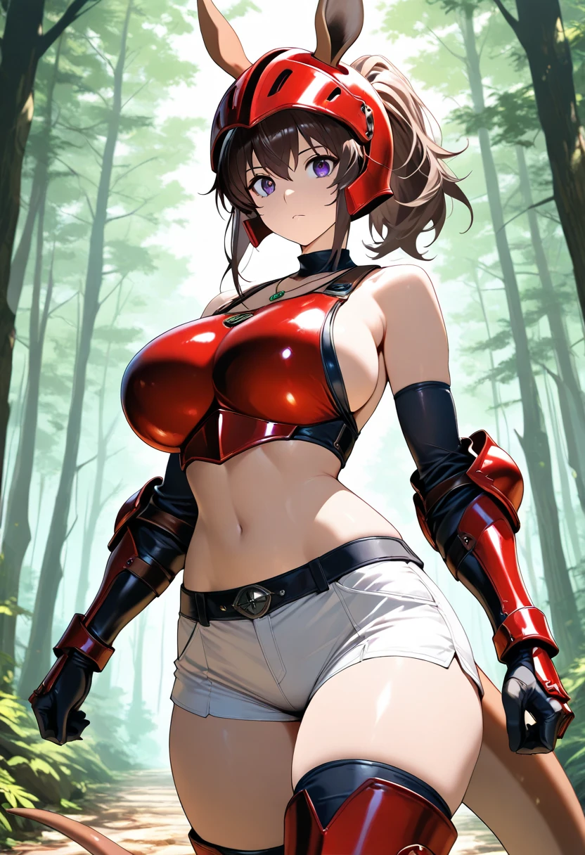 ((Seductive Anime Girl:1.3, solo:1.5))、((fusion of cat and girl:1.4))、((animal tail))、slant eyes、((seductive smile:1.3))、glistening teeth、((brown color, leather clothes))、((Glossy realistic skin texture))、((Being in forest:1.3)), erect nipples、((dynamism posing:1.3))、((open clothes:1.2))、((crop top navel:1.2))、((huge breasts:1.3))、((huge hip:1.3))、((highleg:1.3))、((wedgie:1.2))、((cleavage:1.2))、ultra-detailliert, hiquality, Top image quality, digitial illustration, Smooth texture、shiny skin、((sleeveless:1.2))、Sharp Focus
