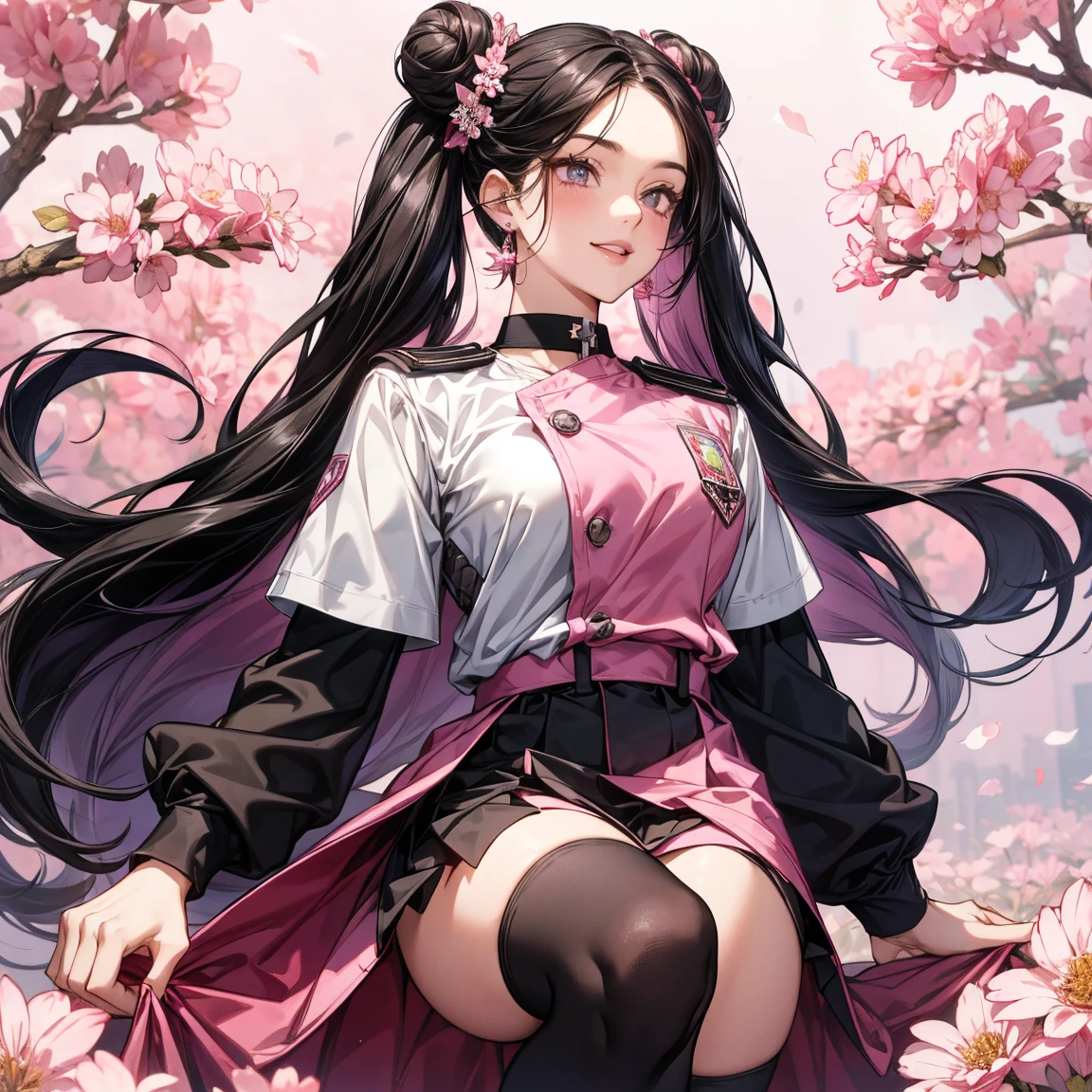 1 woman, full body, nezuko kamado oni mode, with bamboo in her mouth, demon hunter, Kimetsu no yaiba, beautiful, long hair, pink eyes, perfect, ultra hd, naked, showing her breasts, showing her pussy, nails like claws, perfect feet, demon hunter scenario, under a sakura tree, sakura leaves falling from the sky, angry face, beautiful feet, beautiful pussy, beautiful tits, legs open (showing the pussy in great detail)