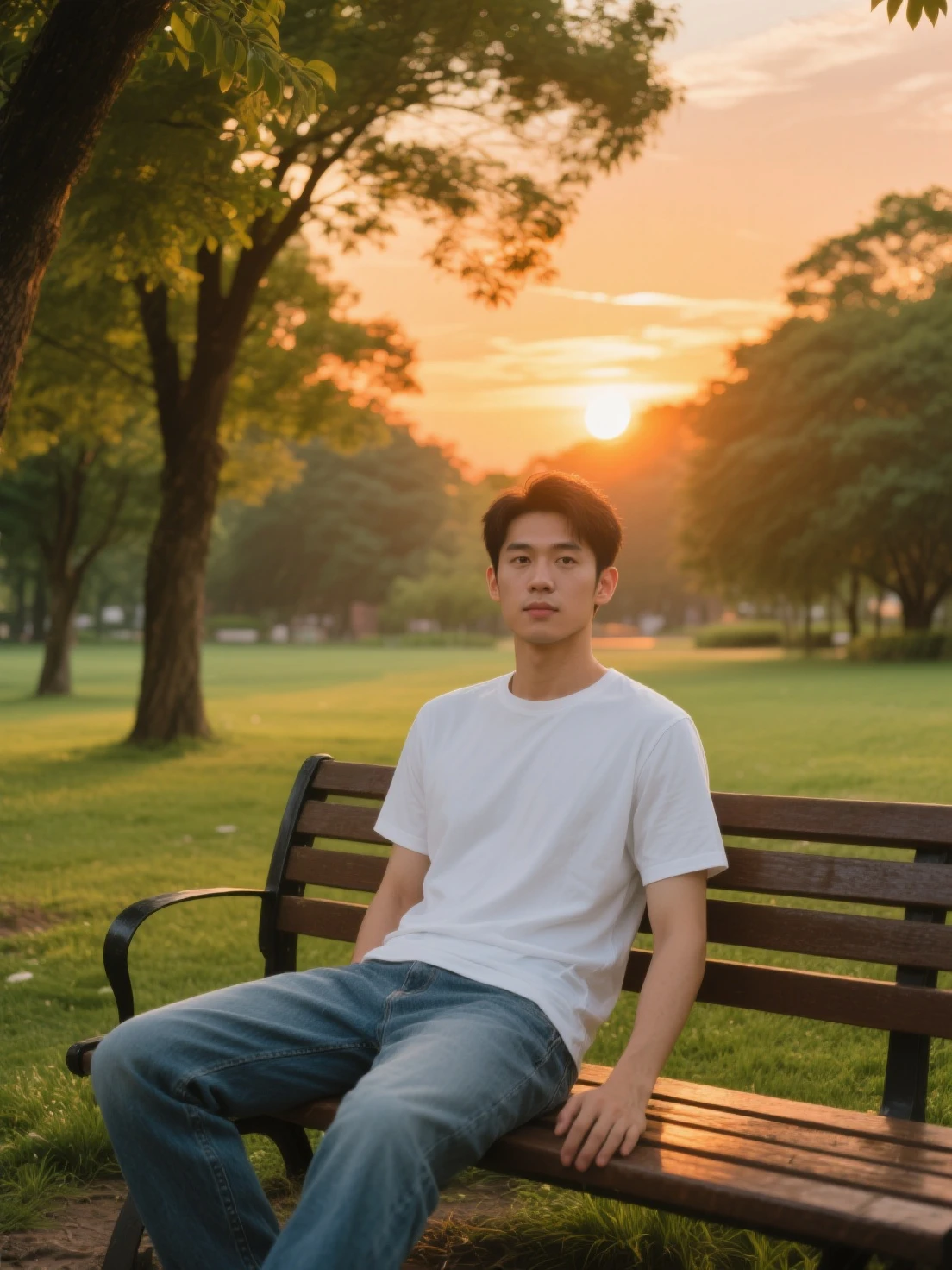 An ultra-realistic photograph captured with a Sony α7 III camera, equipped with an 85mm lens at F 1.2 aperture setting, portraying a young man sitting on a wooden bench in a sunlit park. The background is beautifully blurred, highlighting the subject. The park is adorned with lush greenery and blooming flowers, creating a serene atmosphere. Soft sunlight gracefully illuminates the subject’s face and hair, casting a dreamlike glow. The image, shot in high resolution and a 16:9 aspect ratio, captures the subject’s natural beauty and personality with stunning realism –ar 16:9 –v 5.2 –style raw