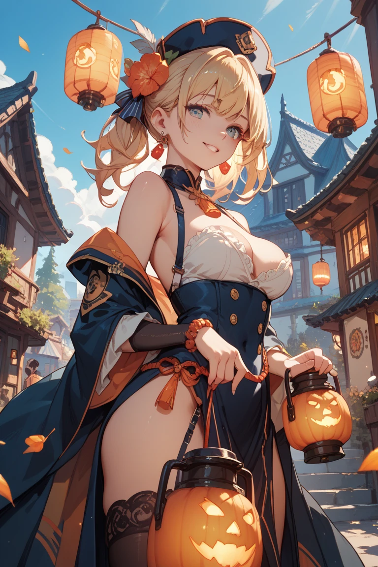 masterpiece, best quality, high resolution, 1 Girl, Blonde Hair, Medium Length Hair, Asymmetrical hair, Flowing hair, Hair between the eyes, High Ponytail, Side lock, Hair accessories, fish Hair accessories, tassel, God Throne, Bangs, Orange Eyes, open mouth, Smile, teeth, upper teeth only, Necklace, red Necklace, pendant Necklace, butterfly Necklace, clavicle, Tattoo, chest Tattoo, flower Tattoo, cleveage, Medium breasts, thigh, bandage, 缠着bandage的腿, Salahi, budget Salahi, chest Salahi, black sash, If you don't, Annunciation Star, Japanese clothes, kimono, Gold Claw, Heart, Heartage, Heartjime, orange kimono, pouch, print kimono, rope, sash, Shiname Rope, short kimono, Single bare shoulder, Imagine (Genshin Impact), East Asian Architecture, Cherry blossoms, whole body, Squat, Fireworks, night, Fireworks, holding Fireworks, Keep your legs together, foot, Single glove, one finger glove, Wristband, Black socks,