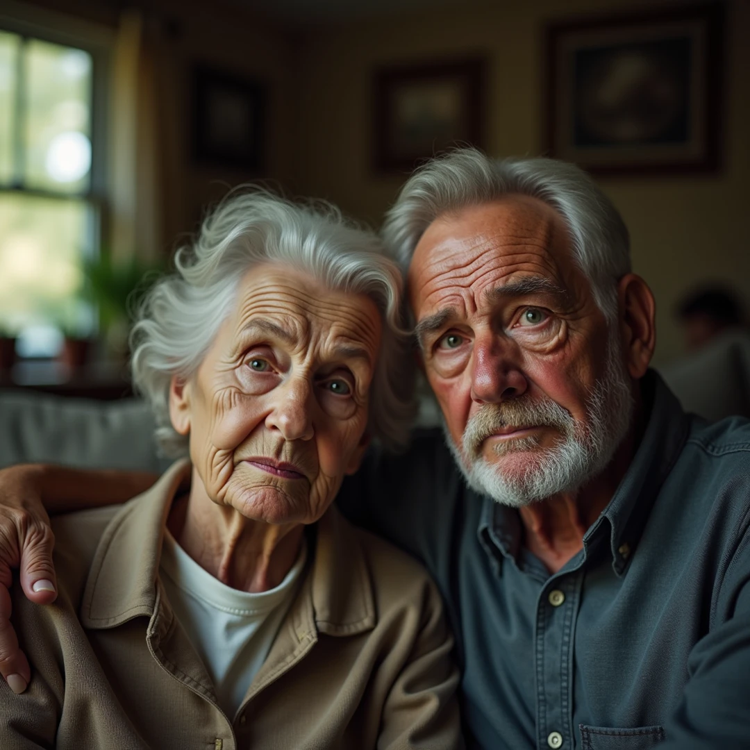 Half-body portrait of a senior couple in their 70s. He has a white beard, white hair, blue eyes, thin-framed glasses, and wears a white dress shirt. She has gray hair, green eyes, and wears a black dress made of fine fabric. Their skin is realistic, showing the wrinkles of their age. Studio chiaroscuro lighting. Farmhouse kitchen environment. Background with depth of field. 8k resolution.
