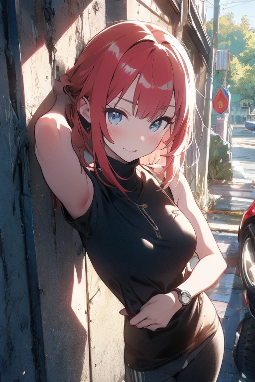 Optimal,masterpiece,High resolution,Highest quality,Hyper HD,Very detailed,Award-winning,16K,alone,(Upper Body),Correct Anatomy,Beautiful Cyberpunk Girl,Cowboy Shot、Cute Face,,Red hair、Long Hair、Twin tails、Braiding, Hairline,((Scarlet Eyes)),Long eyelashes,Drooping eye corners,White skin,Shoot from the side, ((See-through camisole:1.5)), 、rocket , (Because I'thin),