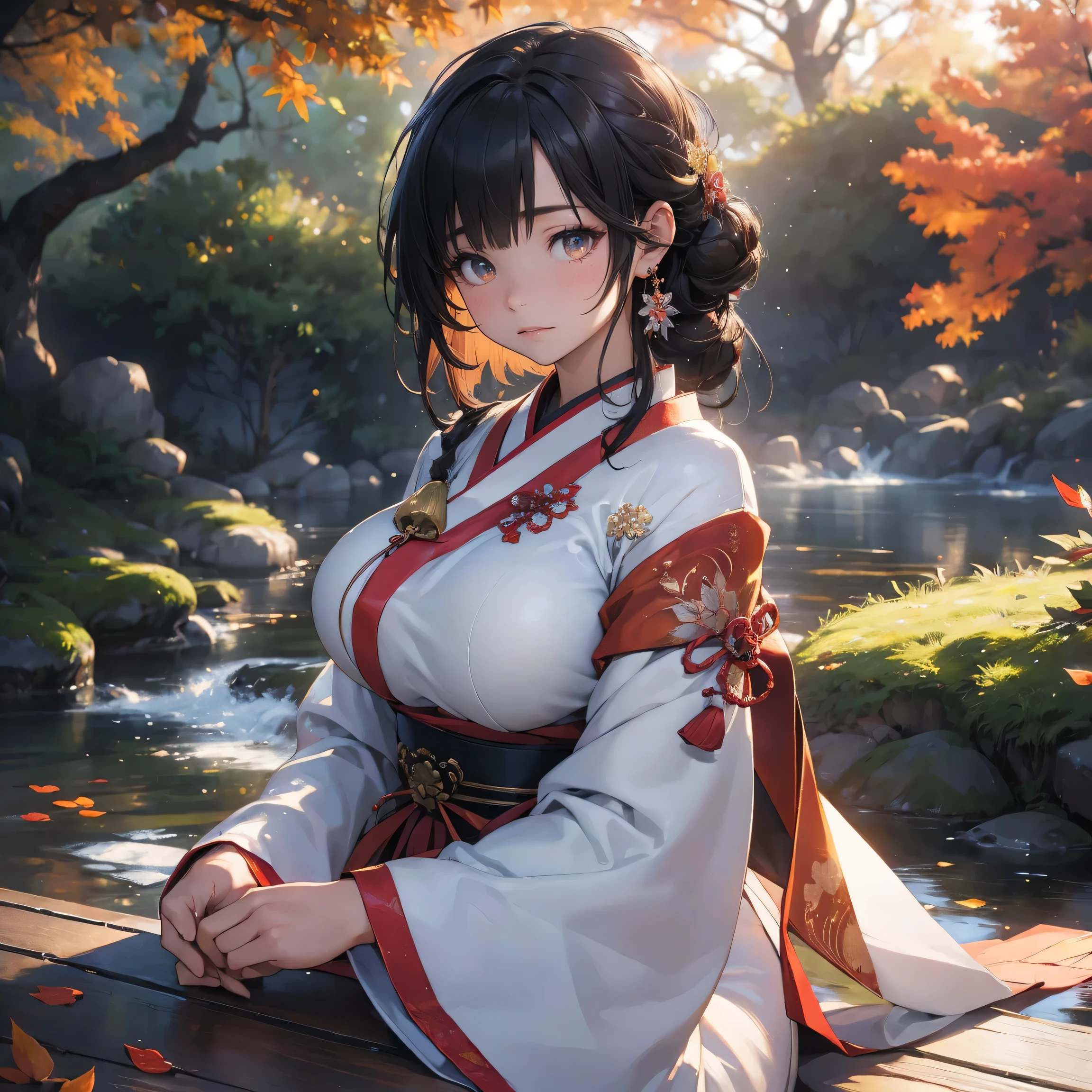 a beautiful miko girl with large breasts in an autumn landscape, fallen leaves swirling around her, cinematic lighting, traditional japanese garden, detailed textures, (best quality,4k,8k,highres,masterpiece:1.2), ultra-detailed, (realistic,photorealistic,photo-realistic:1.37), HDR, UHD, studio lighting, ultra-fine painting, sharp focus, physically-based rendering, extreme detail description, professional, vivid colors, bokeh