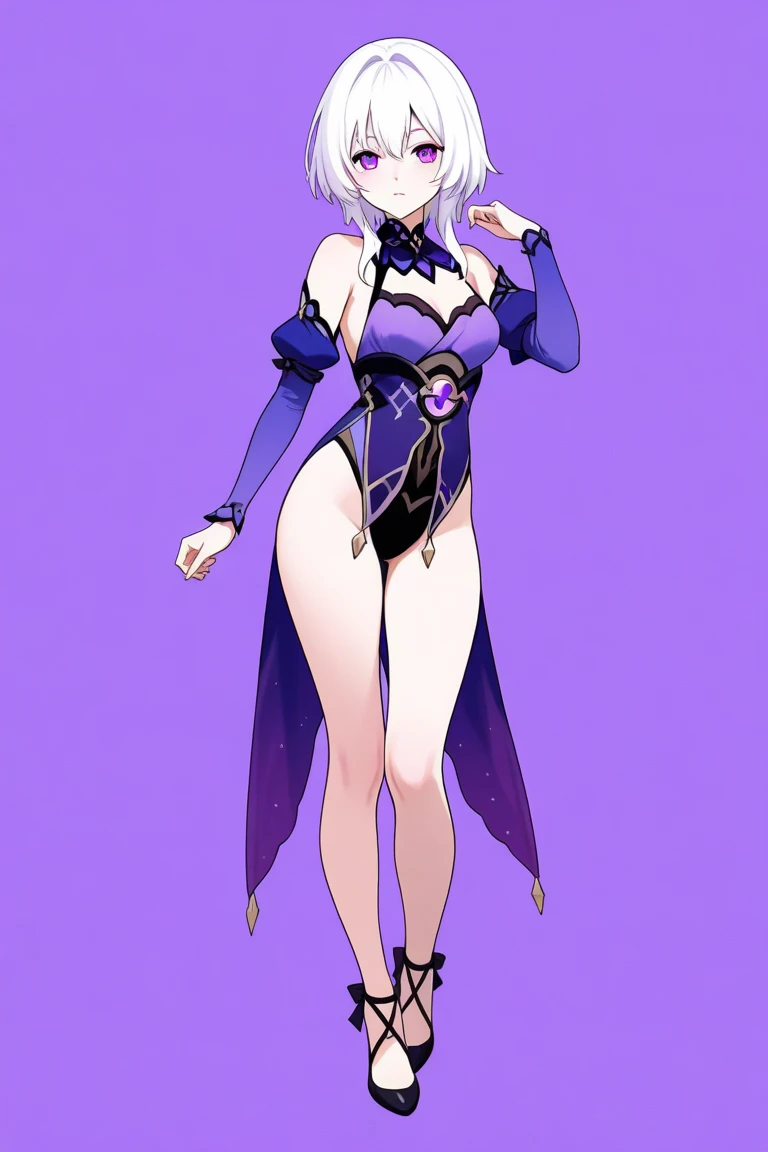 female, blonde short hair with purple trim, purple eyes, robotic, (((1girl))), (((light blue corset with purple trim))), (purple panties), (black fingerless opera gloves), (purple stockings), (black heels), (glasses), (necklace with snowflake pendant), cute and sexy, full body, large breasts, large butt, long legs, smiling