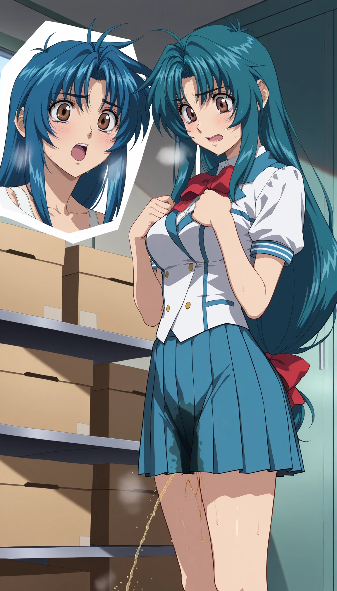 1girl, aida mana, dokidoki! precure, (artist m-da s-tarou:0.4), ribbon, medium breasts, undressing, embarrassed, blush, clenched teeth, fitting room, looking at viewer, cowboy shot, nsfw, anime screencap, {aesthetic, great quality, absurdres}