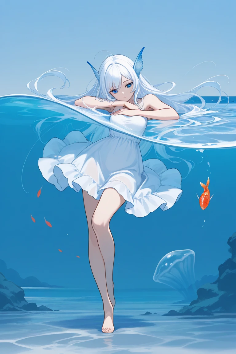 Anime girl with white hair and blue eyes floating in the water, White Cat Girl, ahri, Very Beautiful Anime Cat Girl, Trending on ArtStation pixiv, ahri from league of legends, beautiful anime catgirl, guweiz on pixiv artstation, In the water, in water, ArtGerm on ArtStation Pixiv, by Yuumei