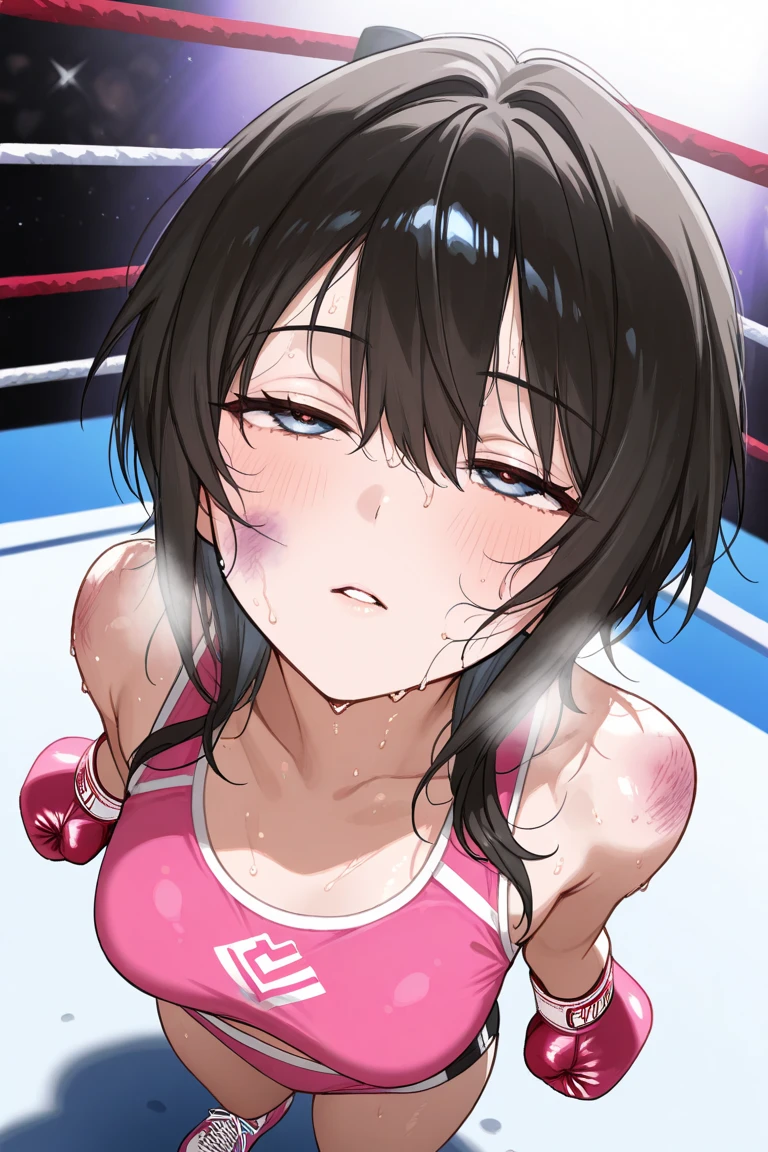 (high resolution:1.3), (16k, Detailed Images), Professional wrestling ring、boxing、負けたGirl、(Girl、naked、Crying face:1.4)、A man's arm reaches out to her
