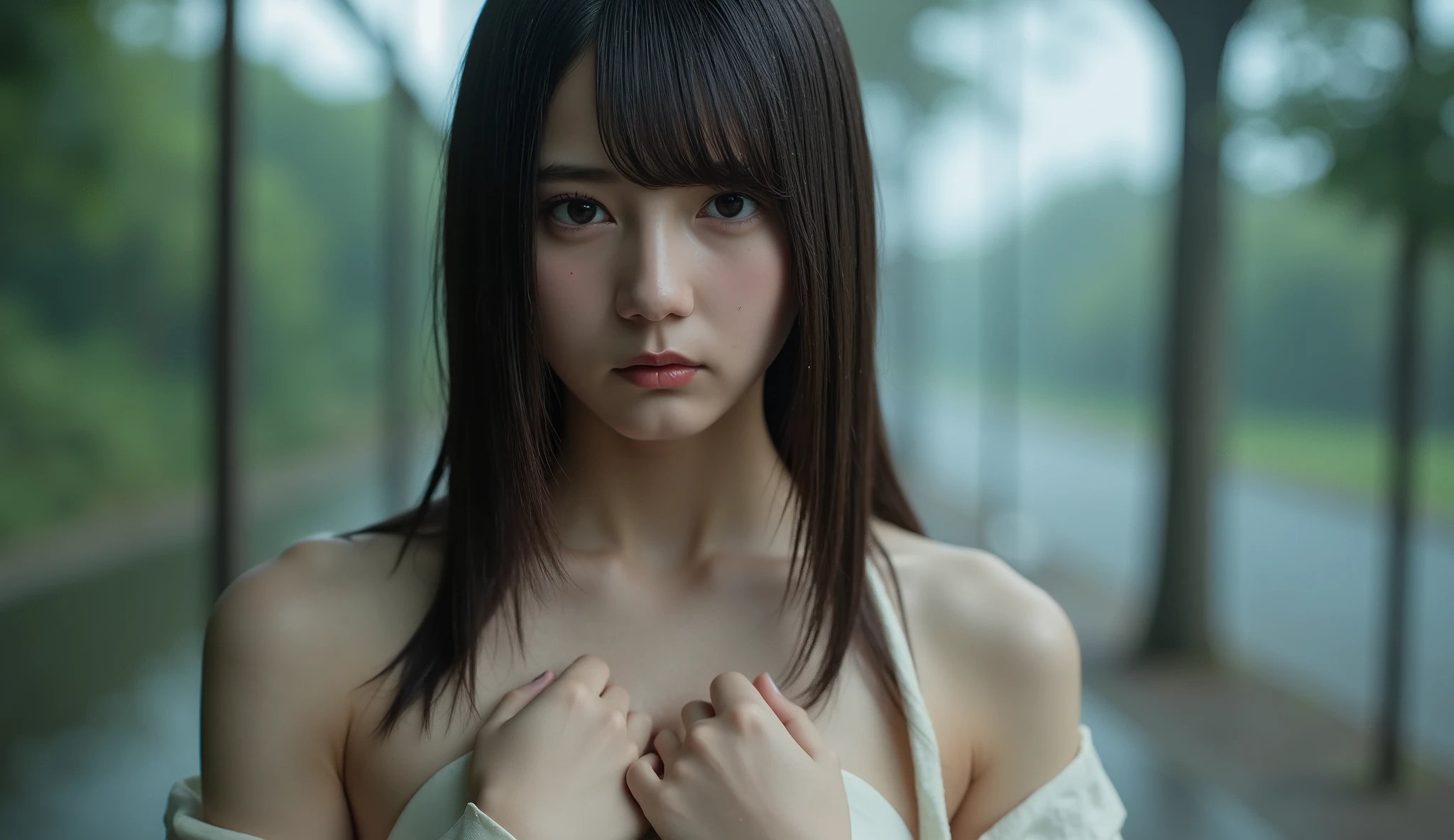   1 girl on break day  ,  Asian Girl, Japanese Girl,  alone ,  nothing ,  masterpiece,  accurate ,  anatomically accurate from toe to head,  number々award,  最High Qualityの,  details , High details ,  非常にdetailsな描写 ,  super high heels  ,  非常にdetailsです,  非常にdetailsですな,   Soft light  ,  shooting test model, Outdoor shooting、 rain 、chest,  dark hair,  long hair,  very beautiful japanese woman 、rain-soaked hair、 Tubuh yang basah oleh rain 、 a thin wet cloth sticks to the body、very beautiful Japanese woman、above the tongue、 very well-styled woman、 ke sadan 、悲しみのEmoji、   slender body  ,  knitted crop top  、泣き顔のEmoji,  sad, worried ,  Emoji, Wajah  sad, keworriedan , soaked woman, beautyful hot girl, ((Big Breasts, skin dents )) , Hipshot, hip level shot where you grab your left chest with your left hand, open collar shirt,  have white skin like snow , 
1 girl on break day, alone, high resolution, masterpiece, accurate, anatomically accurate, number々award , 最High Quality, 高details, High Quality, super high accuracy, textured skin, black hair, straight hair  , thin waist、  abs、 I can see the navel even from a distance、 very cute Japanese woman、 beautiful white skin, frame, very beautiful Japanese woman、Very Stylish Women、Both hands in front of the chest、hold your chest with your hands、completely naked women、Grab your right chest with your right hand、grab your left chest with your left hand、