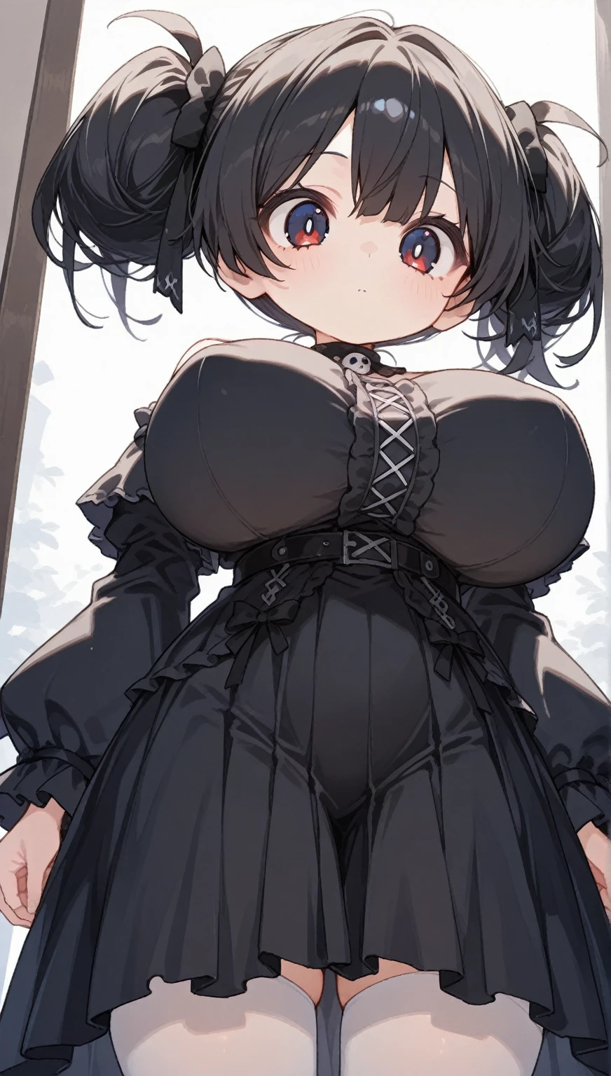 (The perspective is from below:1,5),1girll,30 years old mature woman，Black Maid Dress，Lift the skirt，full bodyesbian，huge tit，long leges，Unhappy
