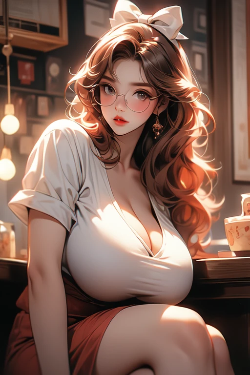 A photo of a young, nerdy woman sitting in a caf, wearing a white shirt and a bow, surrounded by a cozy atmosphere, looking at the viewer.
short red hair, slender, red lips, transparent fabric, flirting with the camera, Huge breasts, CLeavage, massive saggy breasts, no bra